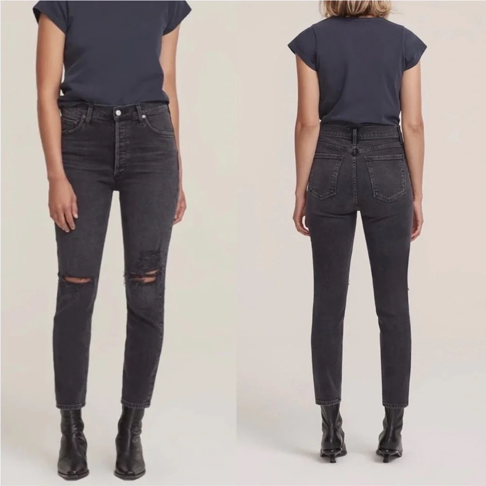 Agolde Black Nico High Wasted Ripped Knee Button Fly Slim Jean Distressed